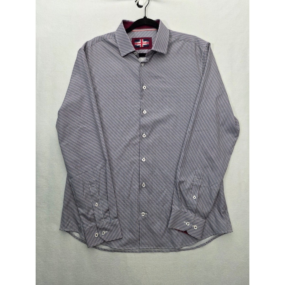 Soul of London Button Down Shirt Geometric Micro Print L Burgundy Navy Preppy